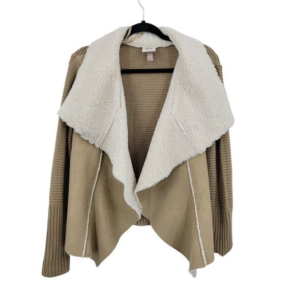 Boho Cardigan M Tan Sherpa Faux Suede Open Waterfall Large Collar Country Vegan - Picture 9 of 9